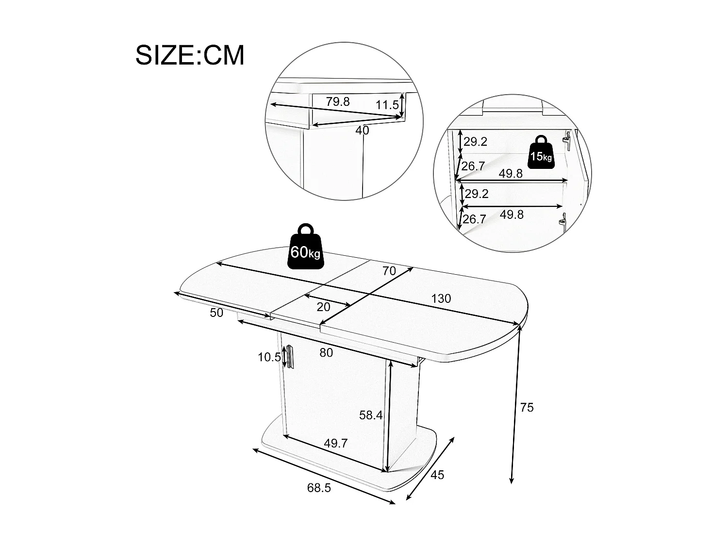 Table à manger ovale extensible avec rangement - Blanc 110(130)x70x75cm
