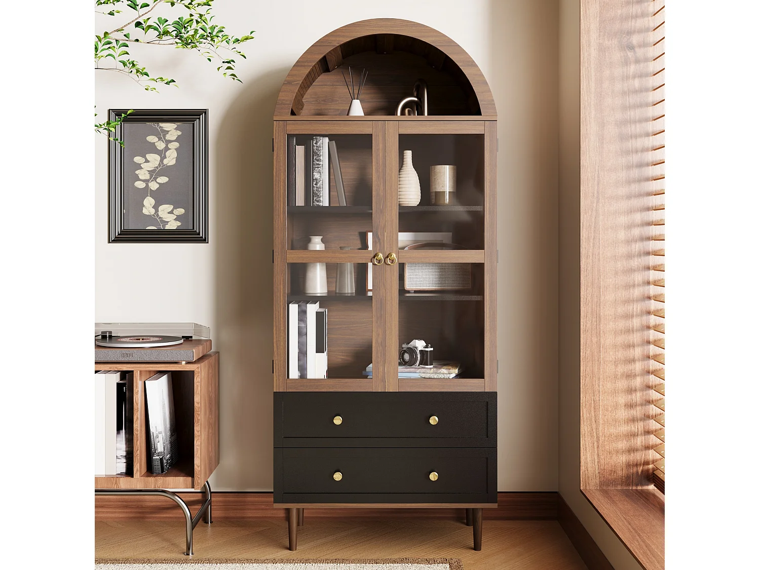 Dressoir met 2 lades en 2 glazen deuren - Retro curve - Donkere houtkleur