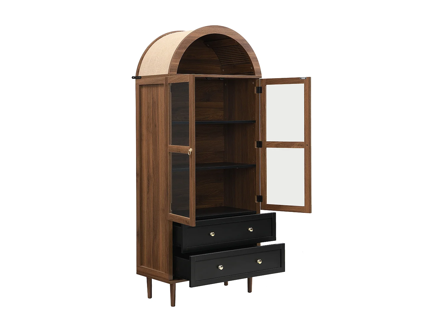 Dressoir met 2 lades en 2 glazen deuren - Retro curve - Donkere houtkleur