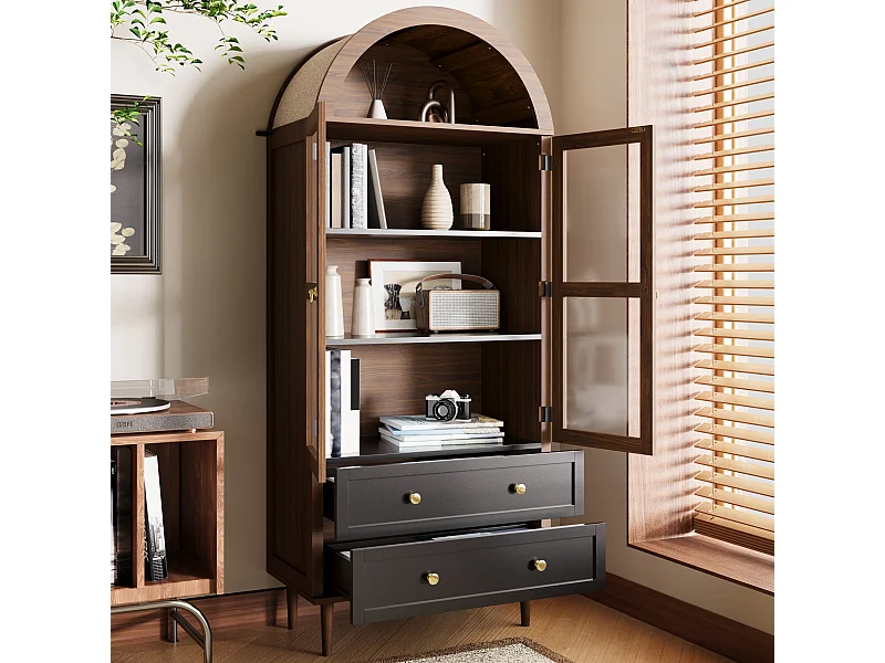 Dressoir met 2 lades en 2 glazen deuren - Retro curve - Donkere houtkleur