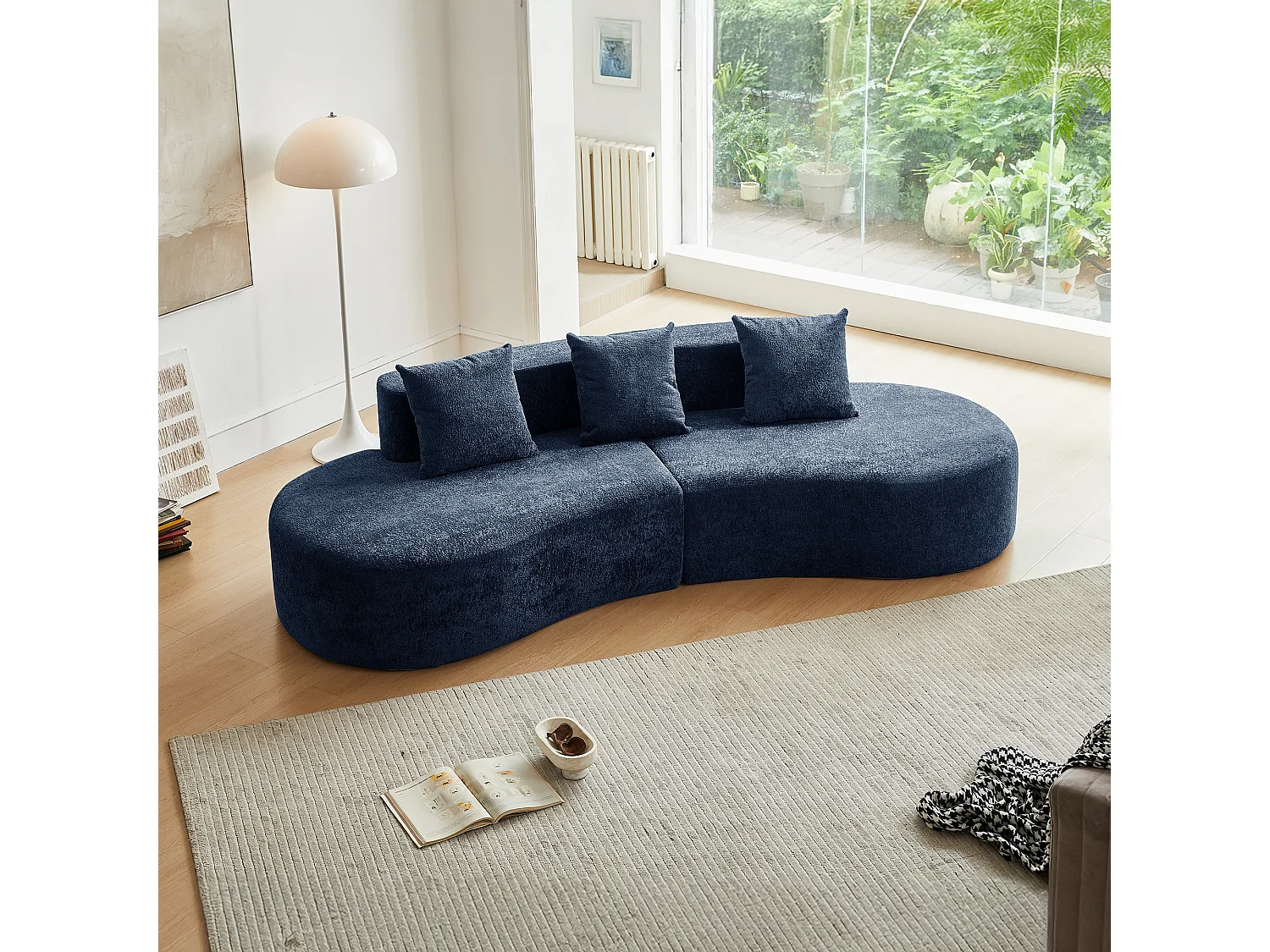 Divano angolare a 3 posti con cuscini - Design curvo - Tessuto in velluto blu