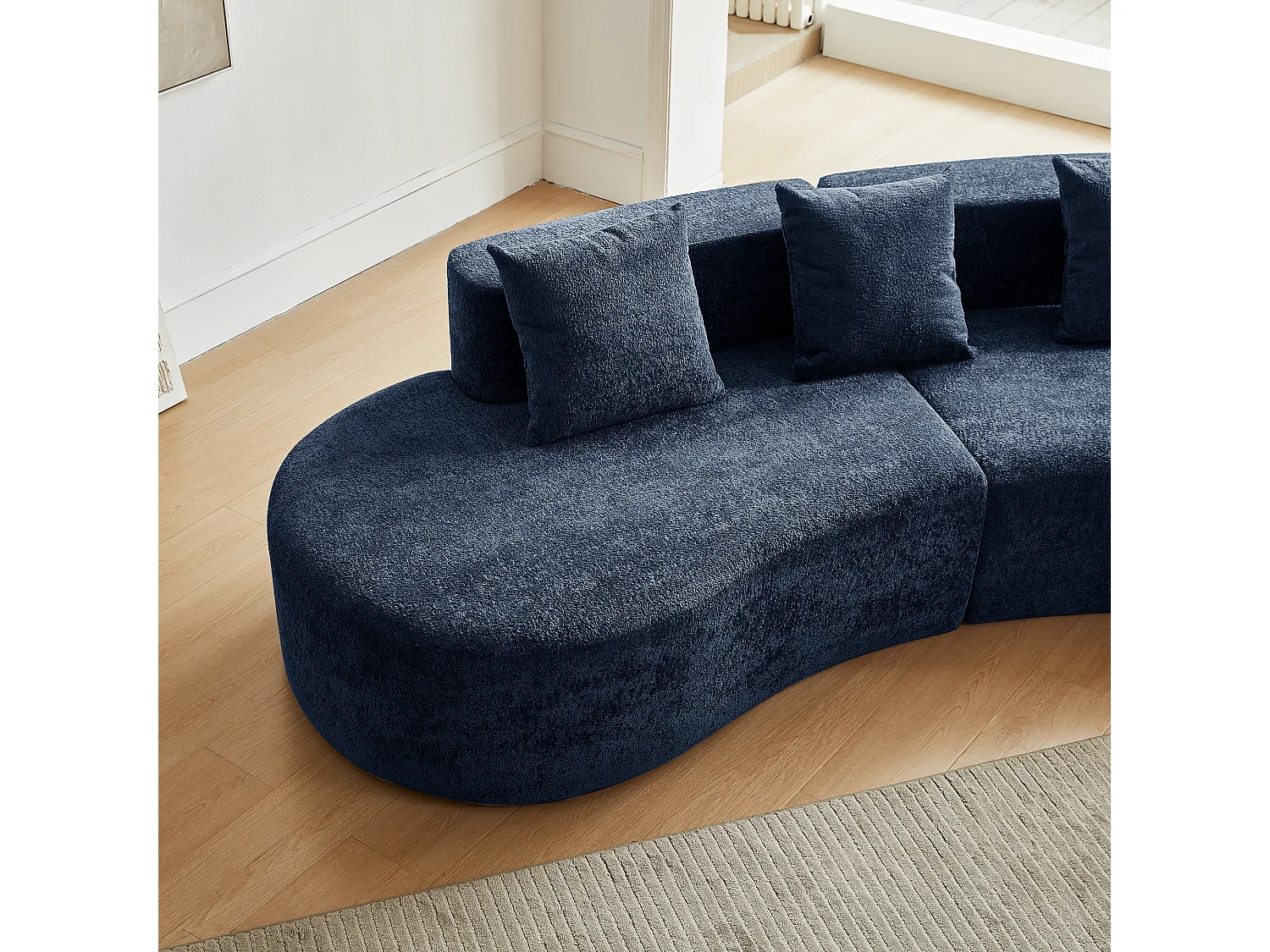 Divano angolare a 3 posti con cuscini - Design curvo - Tessuto in velluto blu