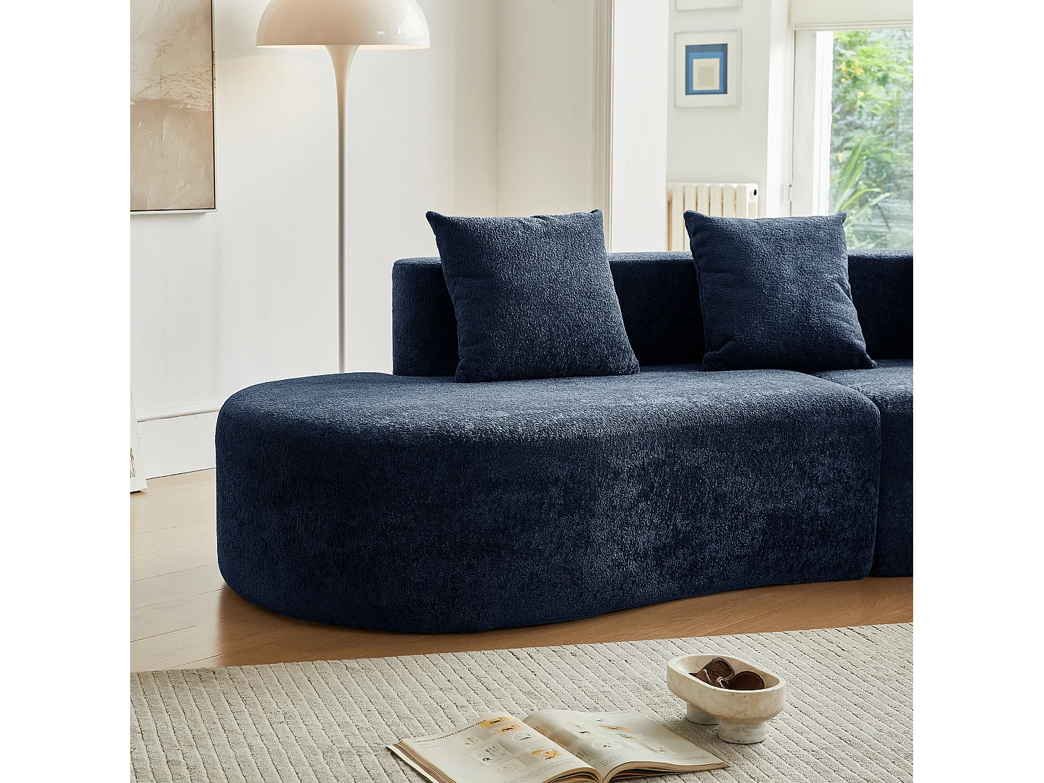 Divano angolare a 3 posti con cuscini - Design curvo - Tessuto in velluto blu