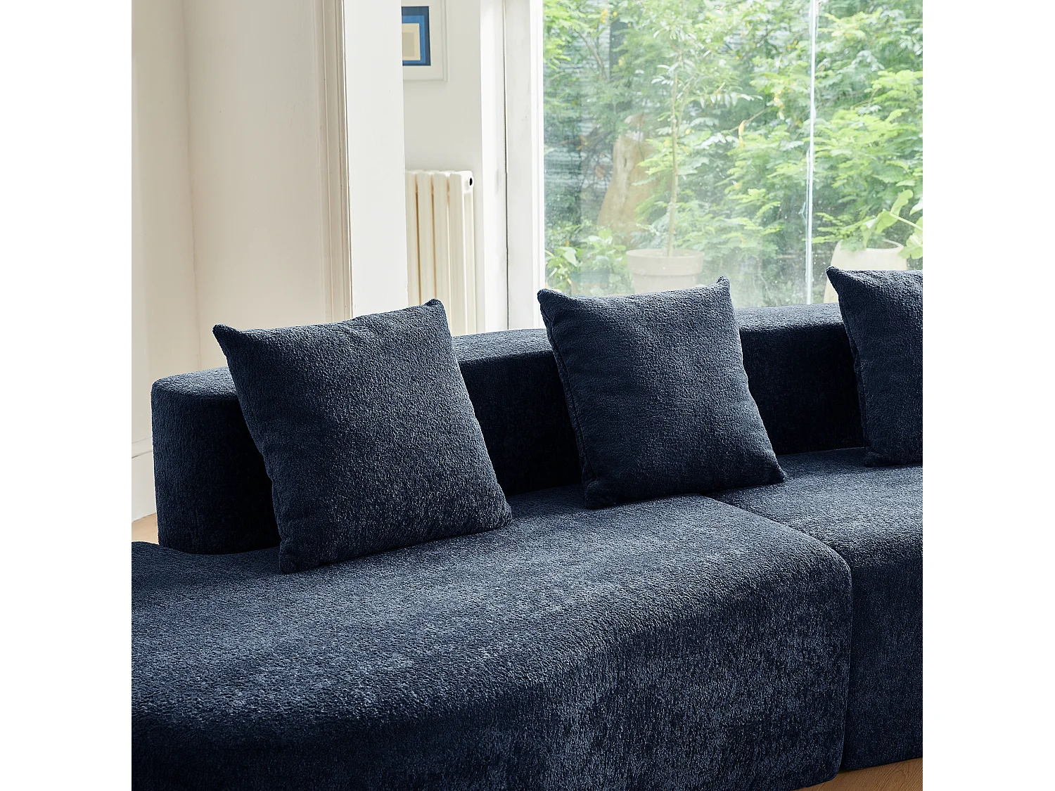 Divano angolare a 3 posti con cuscini - Design curvo - Tessuto in velluto blu