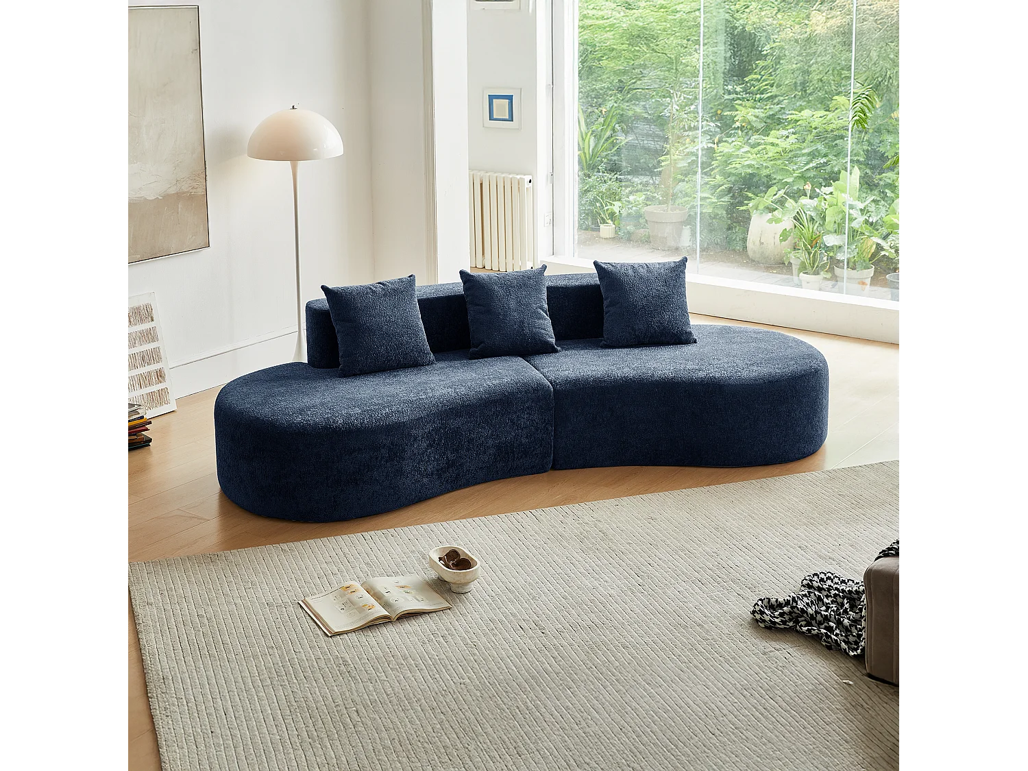 Divano angolare a 3 posti con cuscini - Design curvo - Tessuto in velluto blu