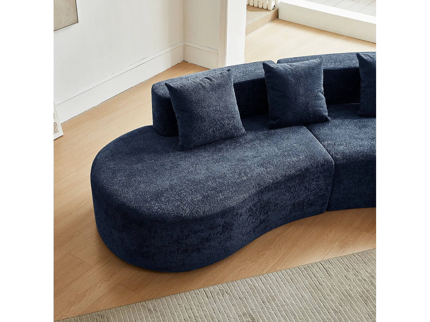 Divano angolare a 3 posti con cuscini - Design curvo - Tessuto in velluto blu