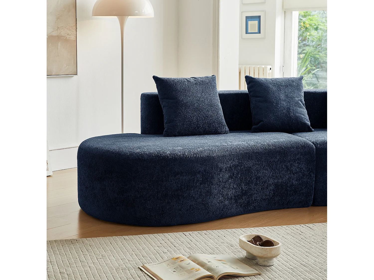 Divano angolare a 3 posti con cuscini - Design curvo - Tessuto in velluto blu