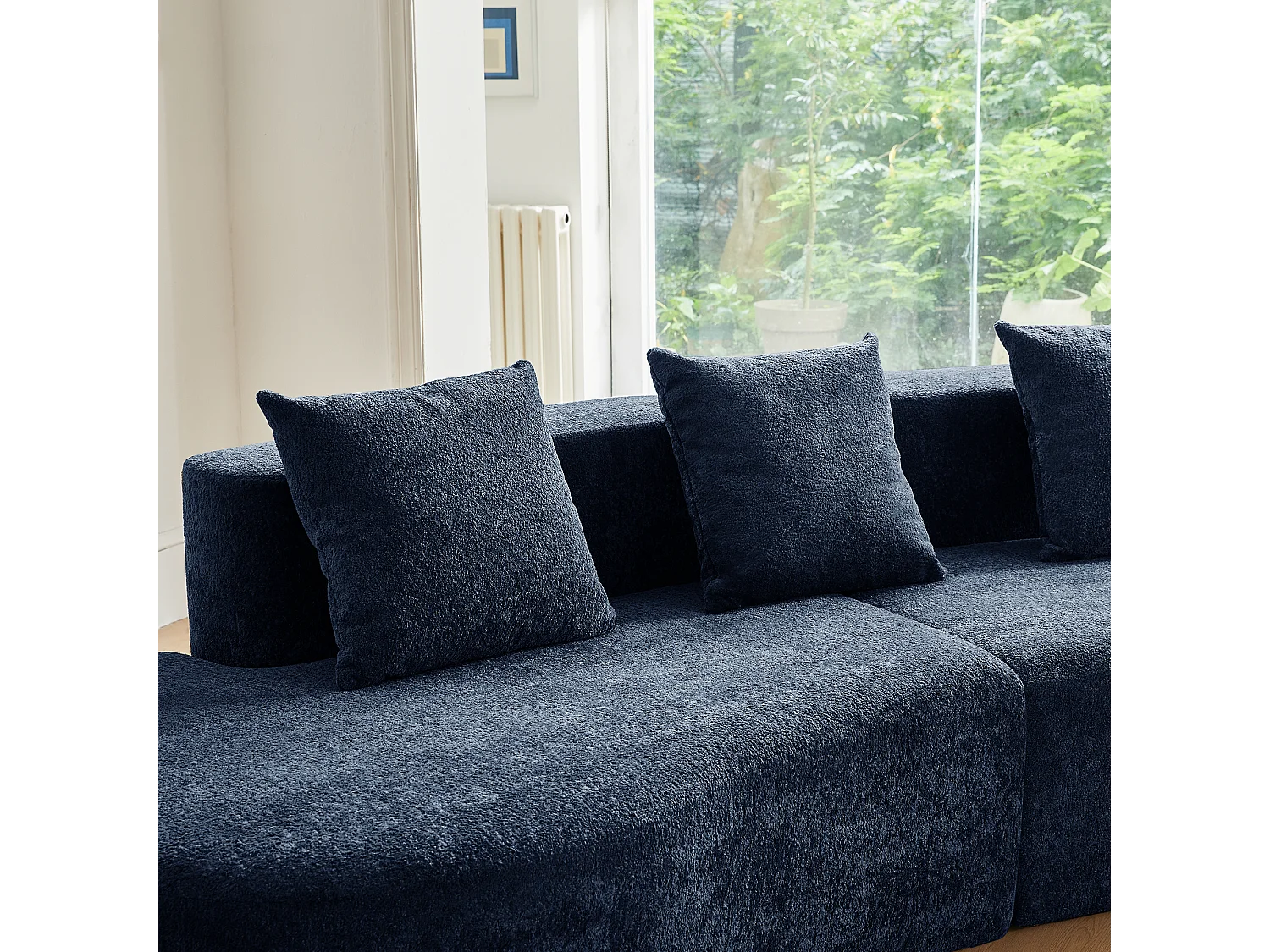 Divano angolare a 3 posti con cuscini - Design curvo - Tessuto in velluto blu