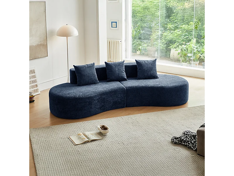 Canapé d'angle 3 places avec coussins - Design incurvé - Tissu velours bleu