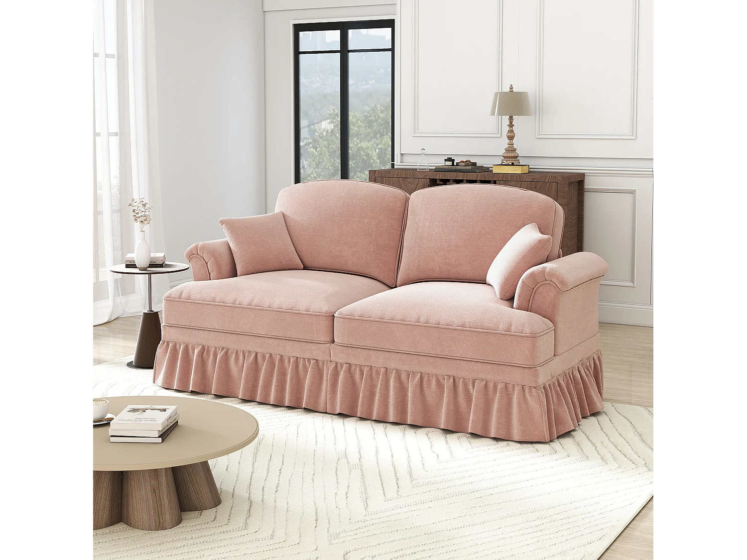 Canapé 2 places avec soutien lombaire et jupe plissée amovible - Tissu chenille -Rose