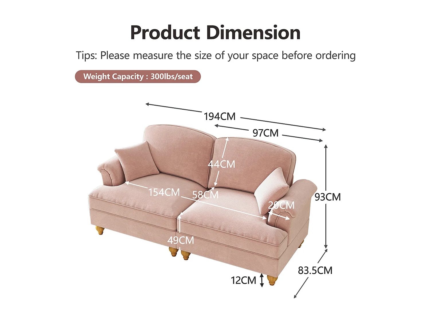 Canapé 2 places avec soutien lombaire et jupe plissée amovible - Tissu chenille -Rose