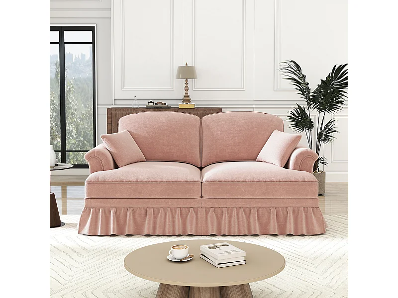 Canapé 2 places avec soutien lombaire et jupe plissée amovible - Tissu chenille -Rose