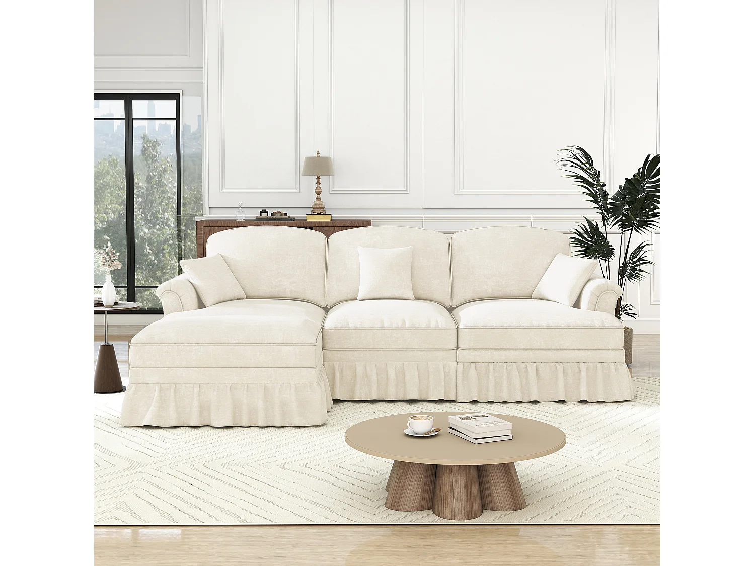 Canapé 3 places blanc avec soutien lombaire - Repose-pieds mobile - Tissu chenille