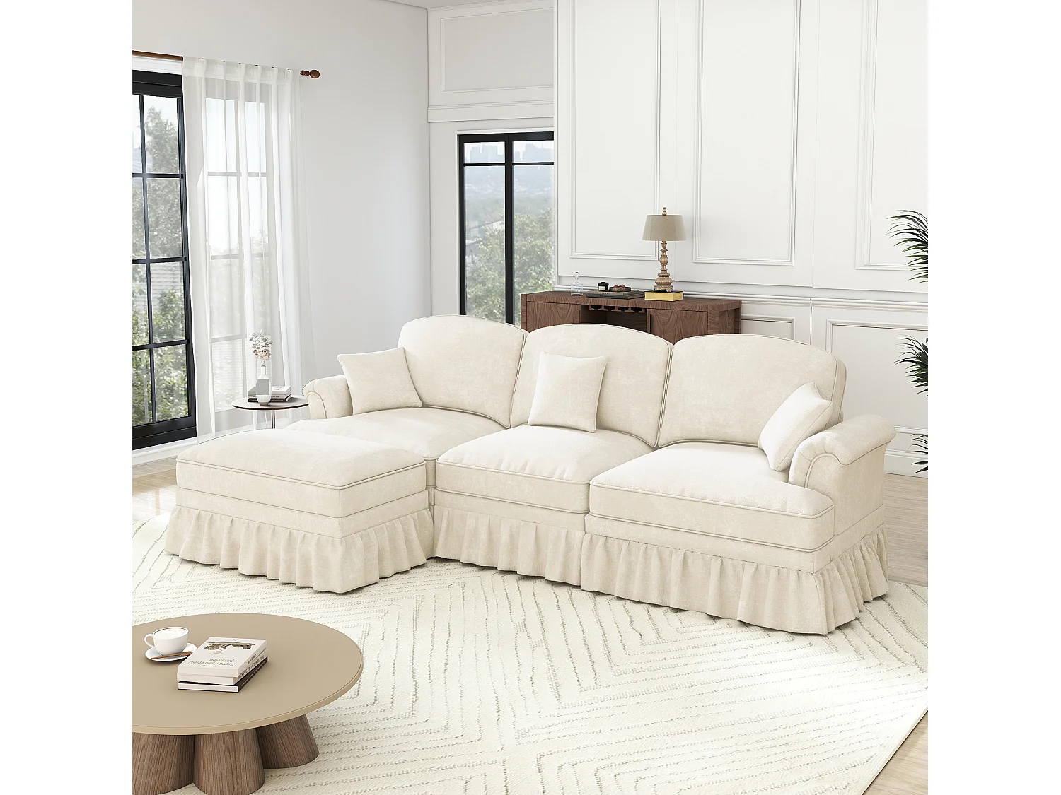 Canapé 3 places blanc avec soutien lombaire - Repose-pieds mobile - Tissu chenille