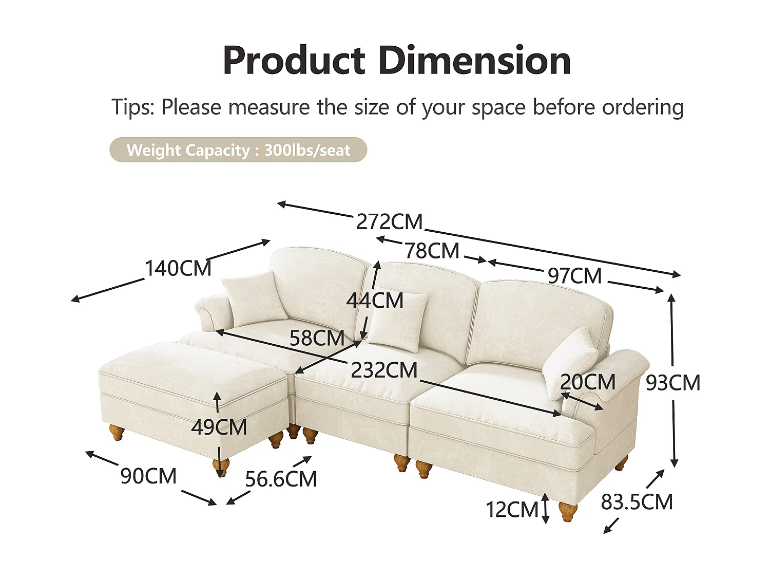 Canapé 3 places blanc avec soutien lombaire - Repose-pieds mobile - Tissu chenille