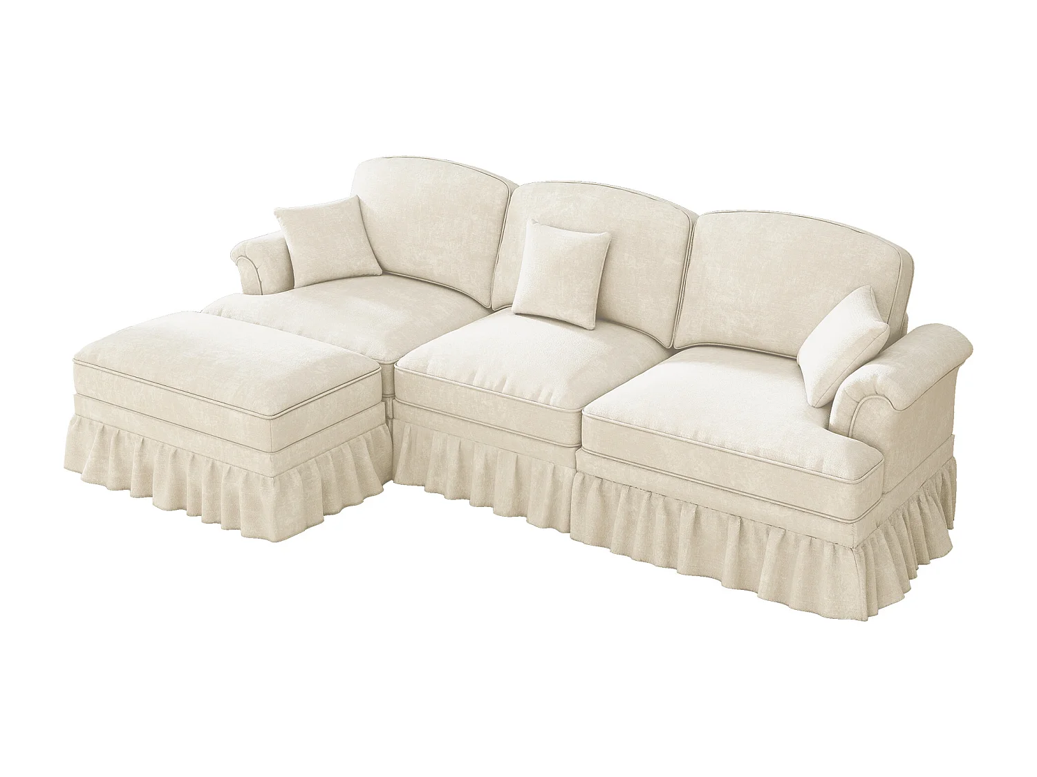 Canapé 3 places blanc avec soutien lombaire - Repose-pieds mobile - Tissu chenille