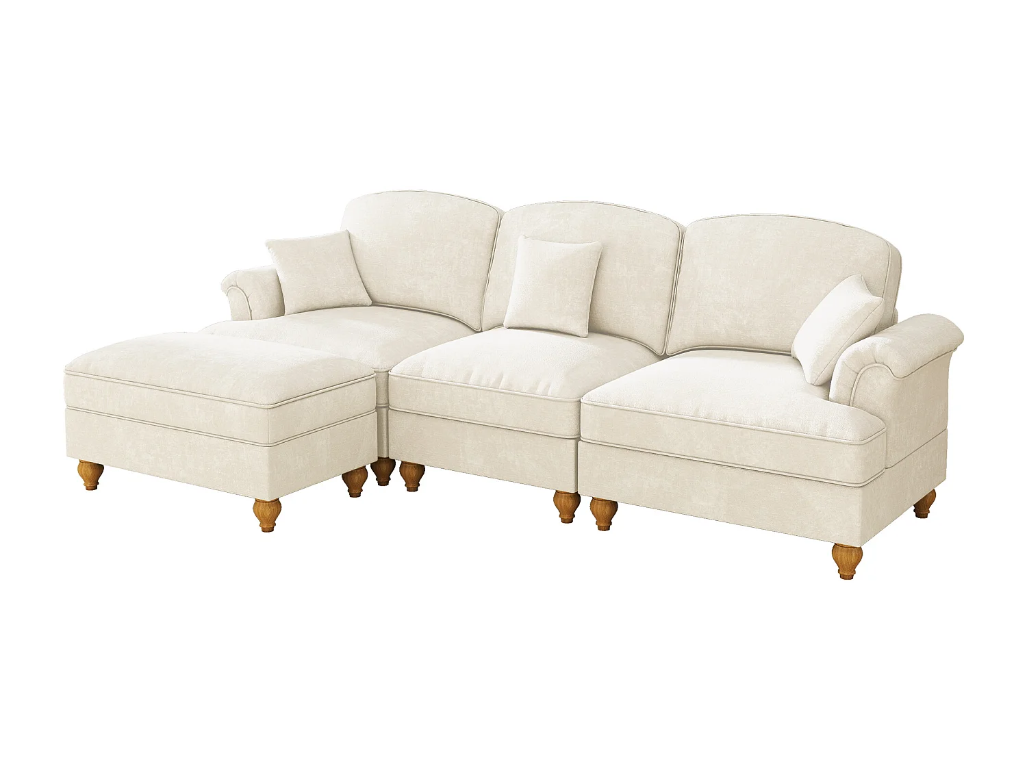 Canapé 3 places blanc avec soutien lombaire - Repose-pieds mobile - Tissu chenille