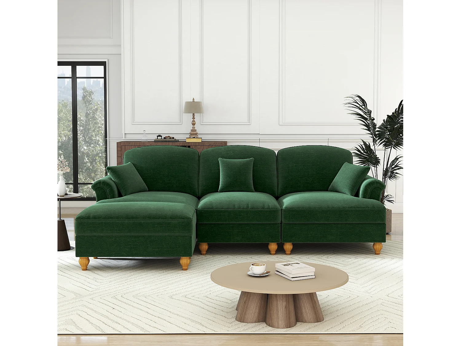 Canapé 3 places vert avec soutien lombaire - Repose-pieds mobile - Tissu chenille