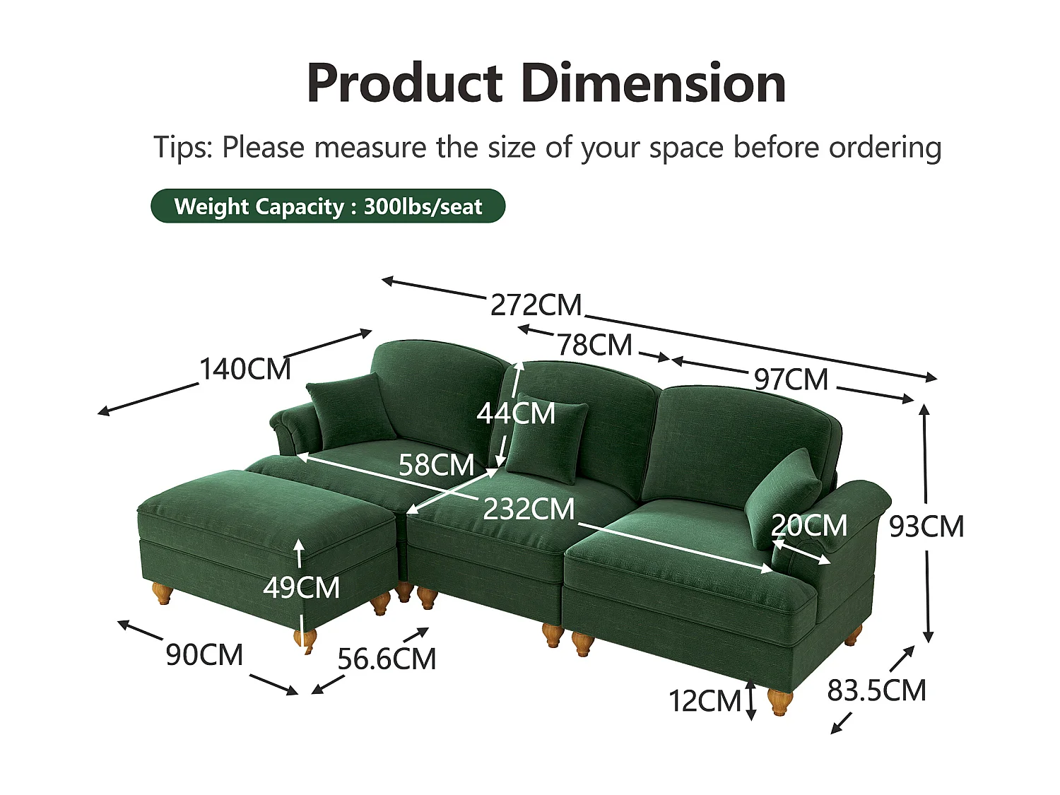 Canapé 3 places vert avec soutien lombaire - Repose-pieds mobile - Tissu chenille