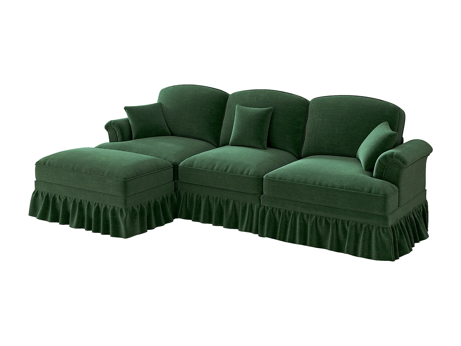 Canapé 3 places vert avec soutien lombaire - Repose-pieds mobile - Tissu chenille