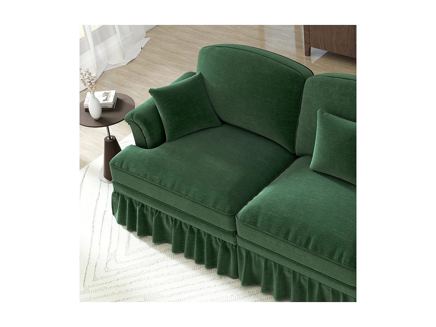 Canapé 3 places vert avec soutien lombaire - Repose-pieds mobile - Tissu chenille