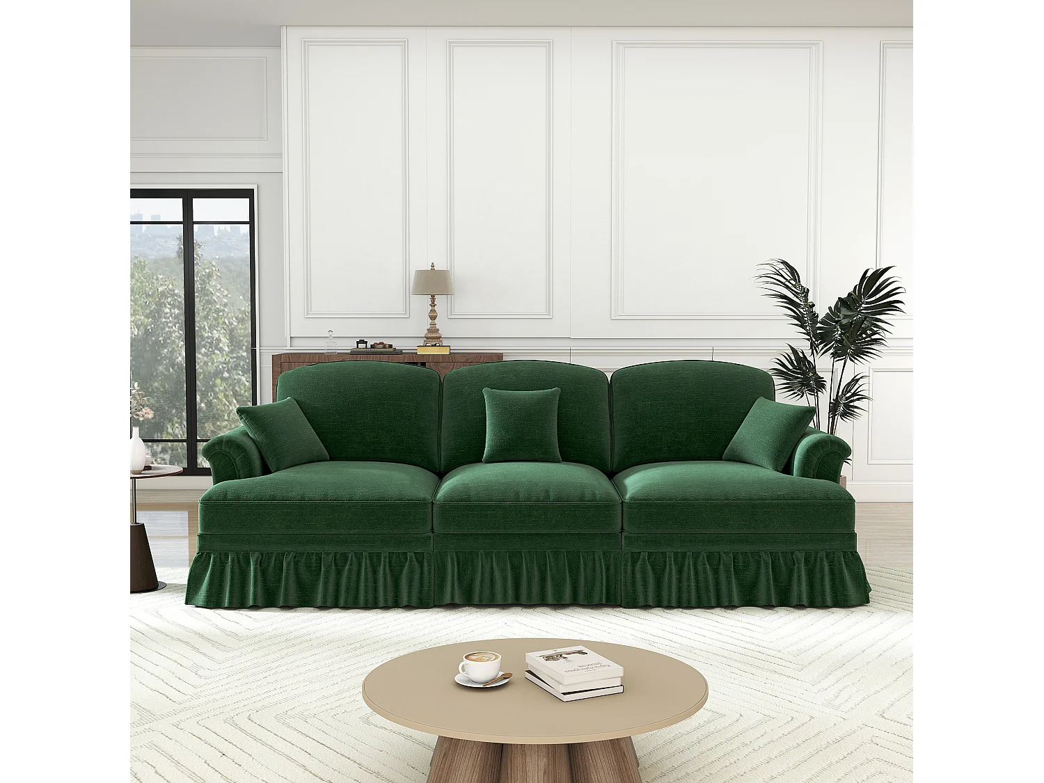 Canapé 3 places en tissu chenille vert - Avec soutien lombaire et jupe plissée amovible