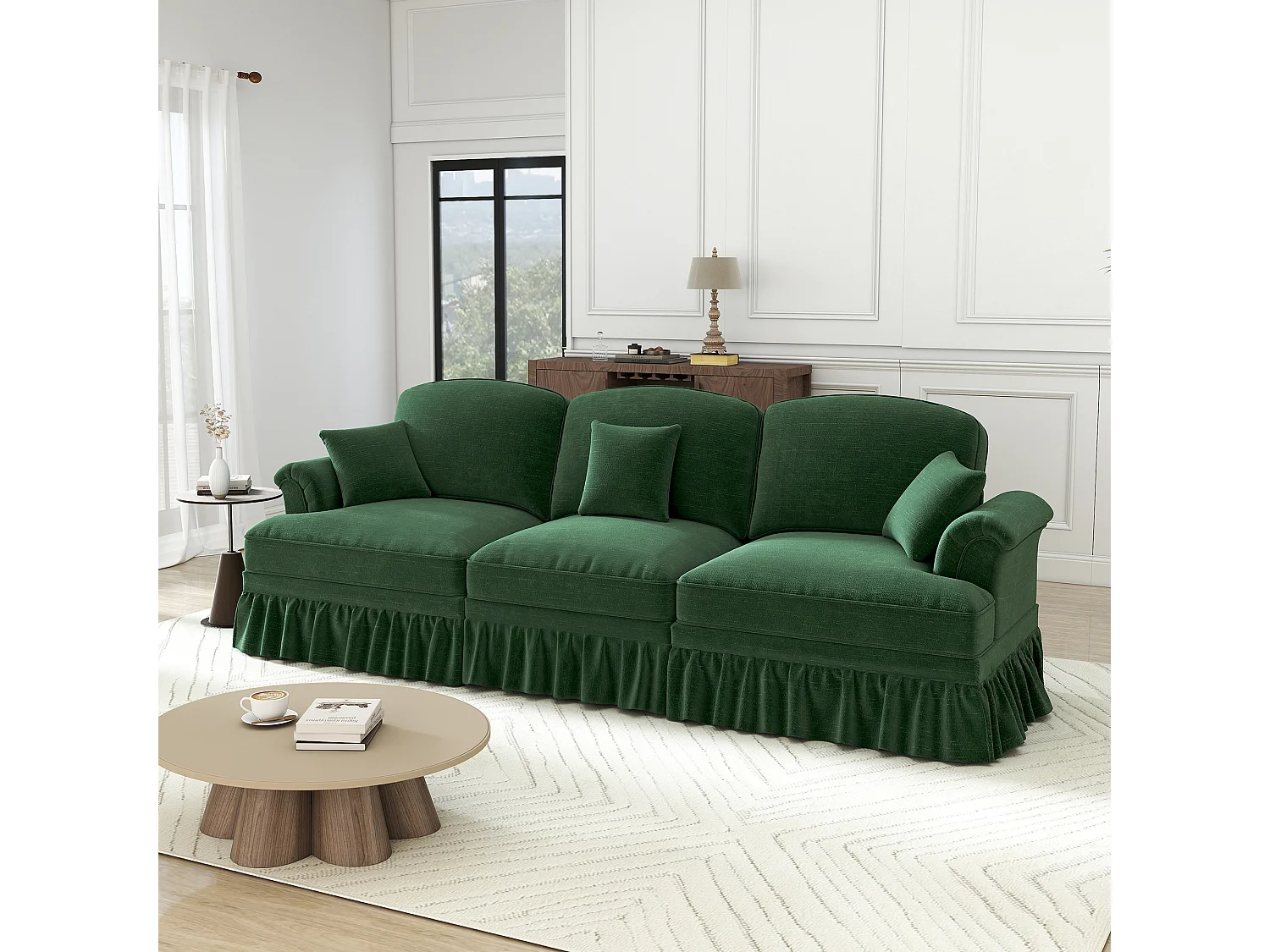 Canapé 3 places en tissu chenille vert - Avec soutien lombaire et jupe plissée amovible