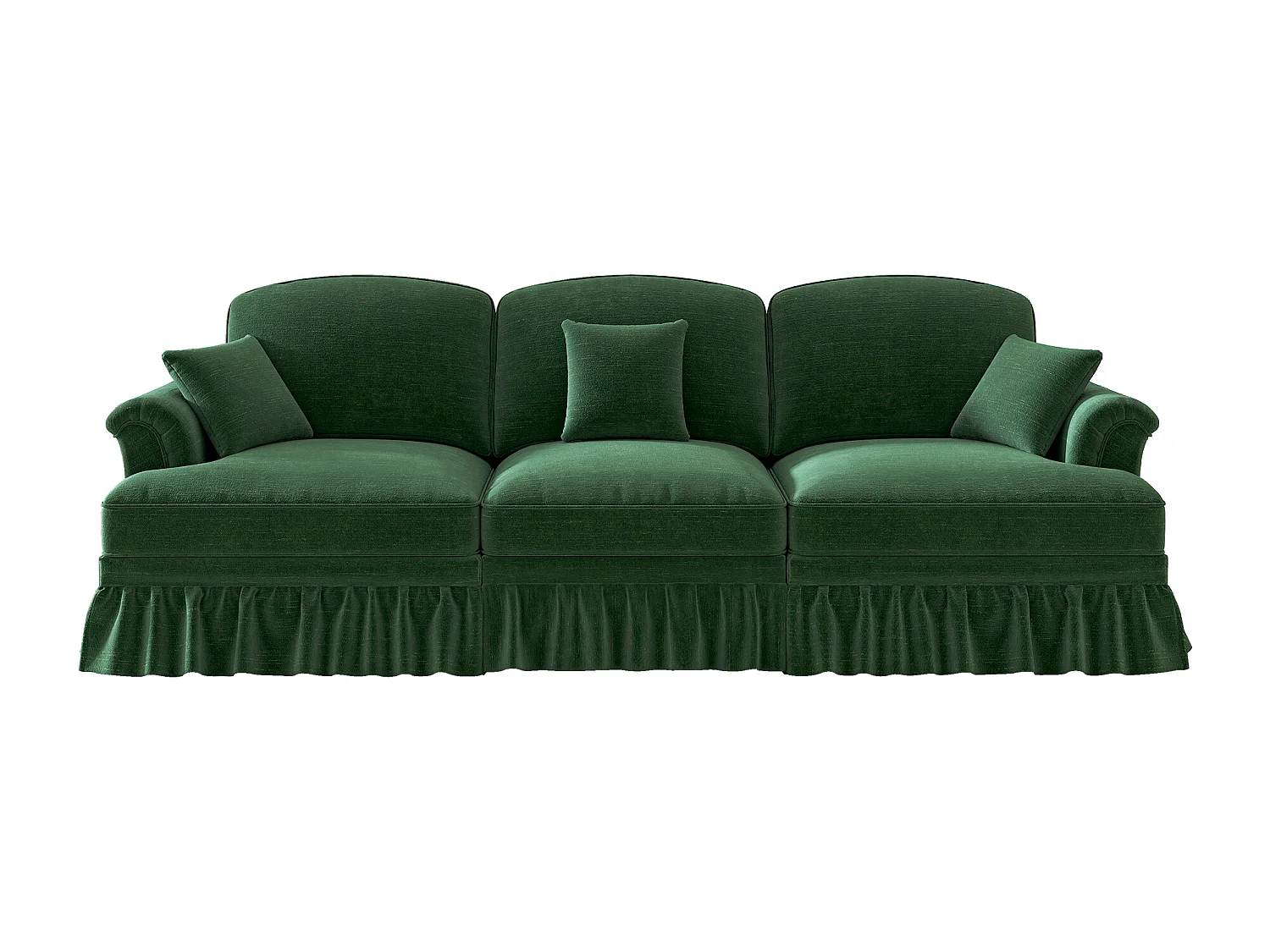 Canapé 3 places en tissu chenille vert - Avec soutien lombaire et jupe plissée amovible