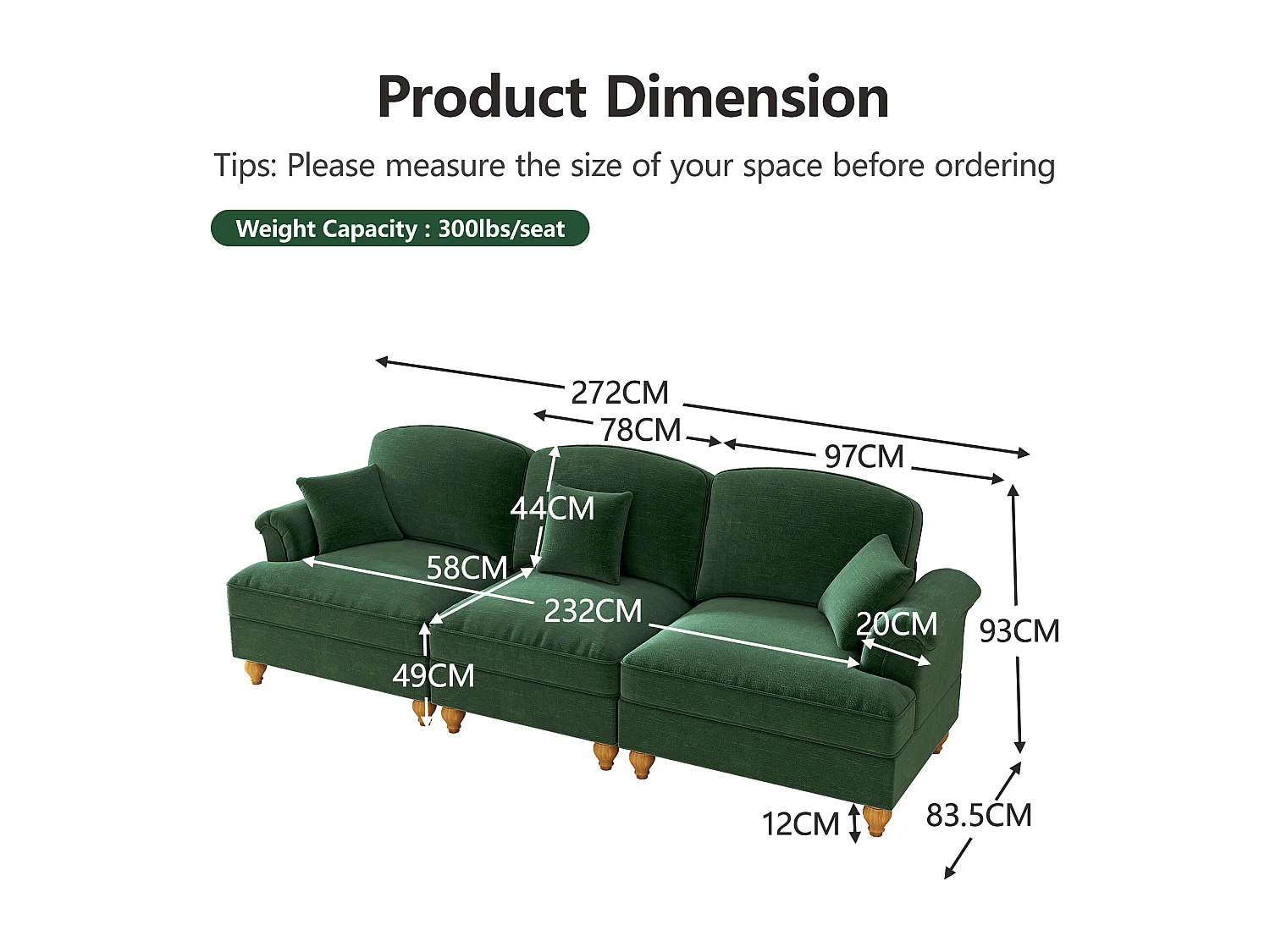 Canapé 3 places en tissu chenille vert - Avec soutien lombaire et jupe plissée amovible