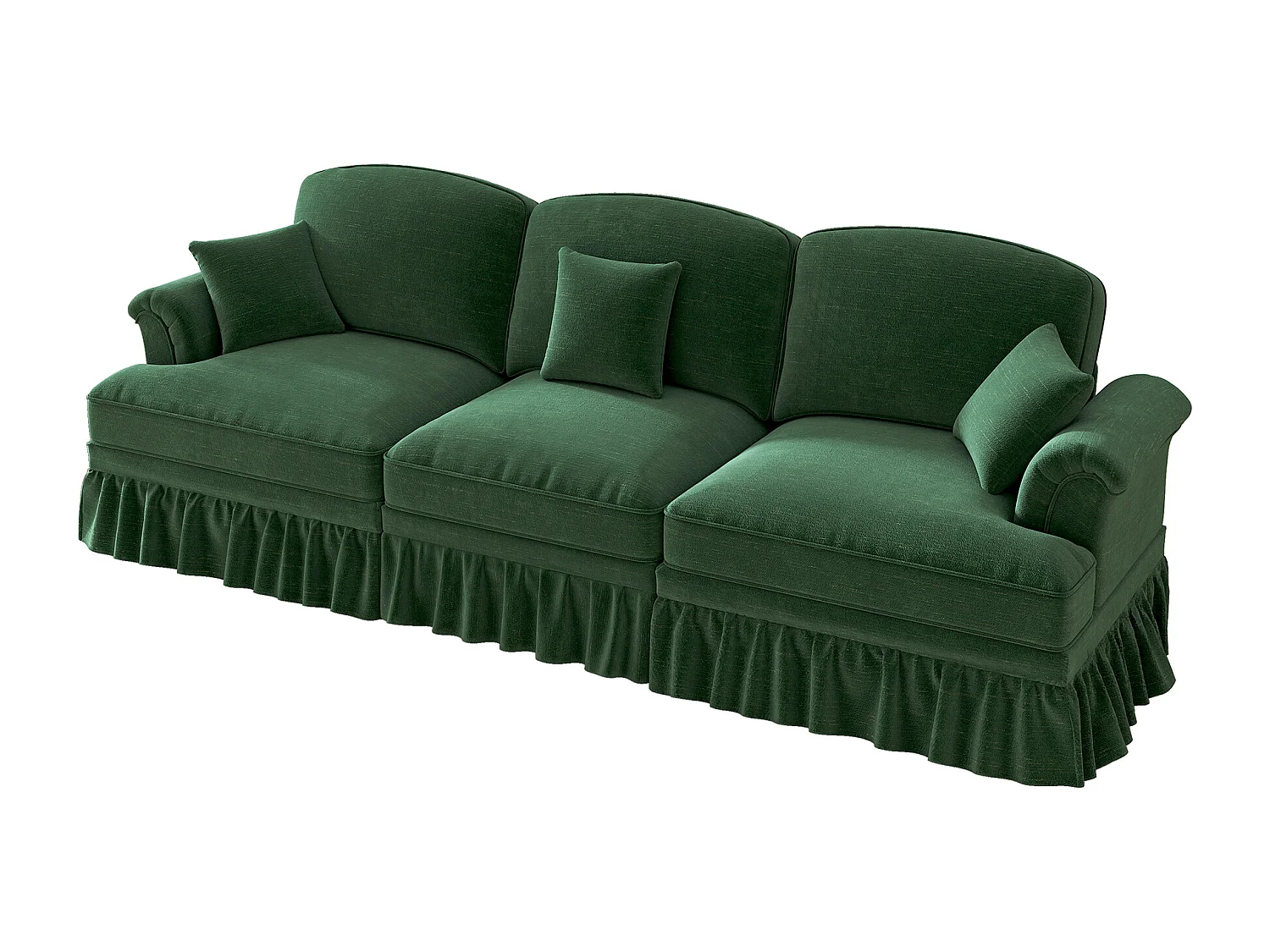 Canapé 3 places en tissu chenille vert - Avec soutien lombaire et jupe plissée amovible