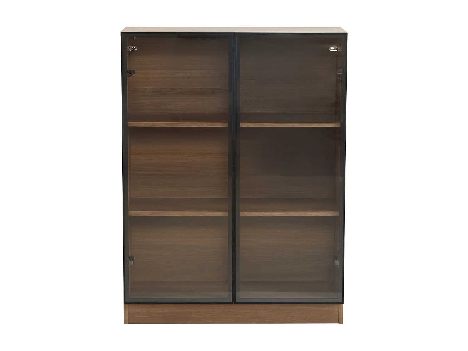 Vitrinekast van glas met 3 planken en LED-stripverlichting, kleur walnoot