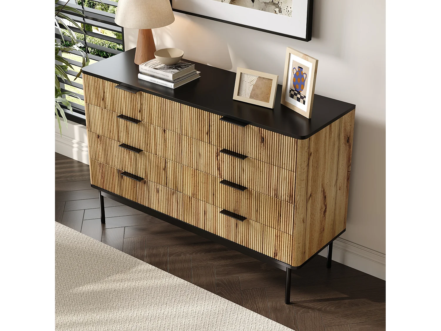 Commode avec 8 tiroirs 120 x 39.5 x 80 cm en bois MDF - Plateau noir - Couleur bois