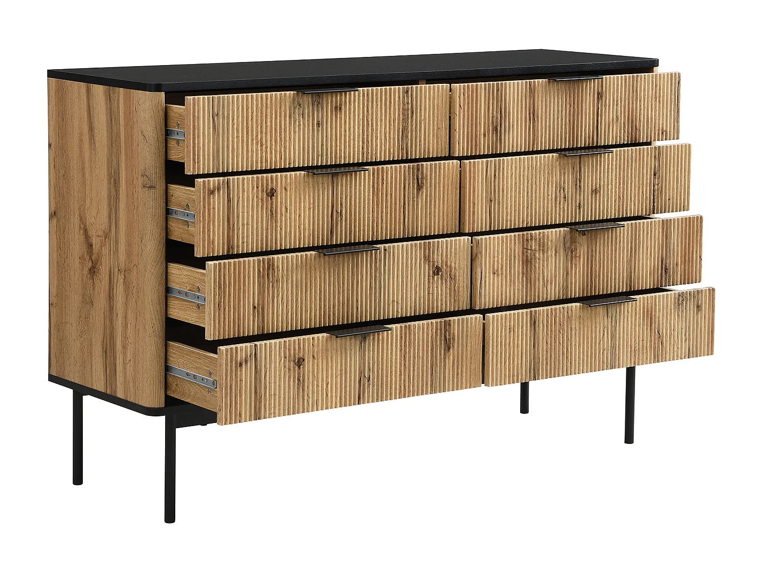 Commode avec 8 tiroirs 120 x 39.5 x 80 cm en bois MDF - Plateau noir - Couleur bois