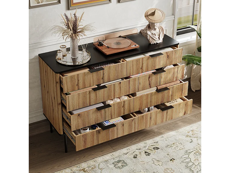 Commode avec 8 tiroirs 120 x 39.5 x 80 cm en bois MDF - Plateau noir - Couleur bois