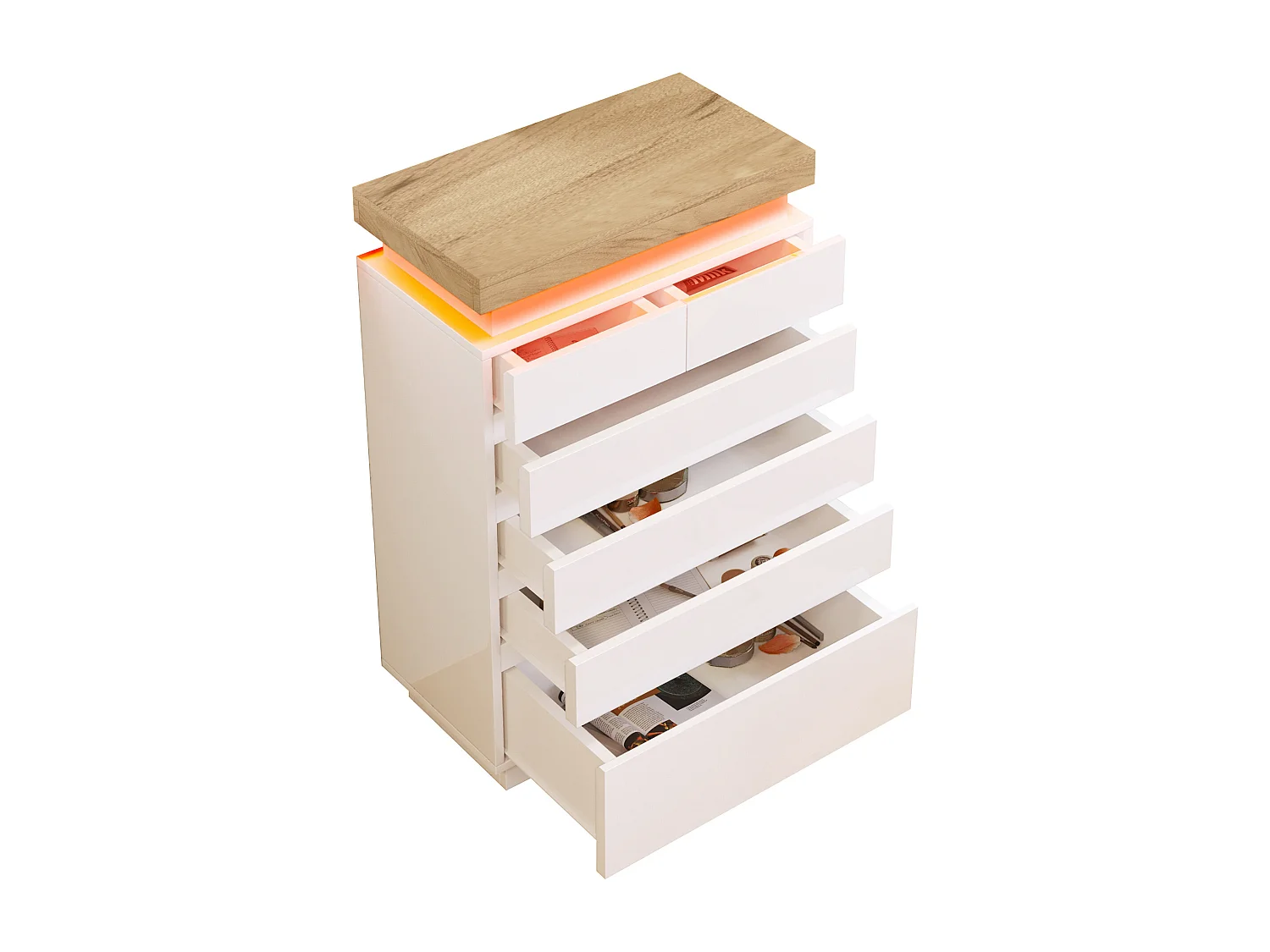 Commode avec 6 tiroirs et LED - Finition brillant blanche - Plateau woodgrain