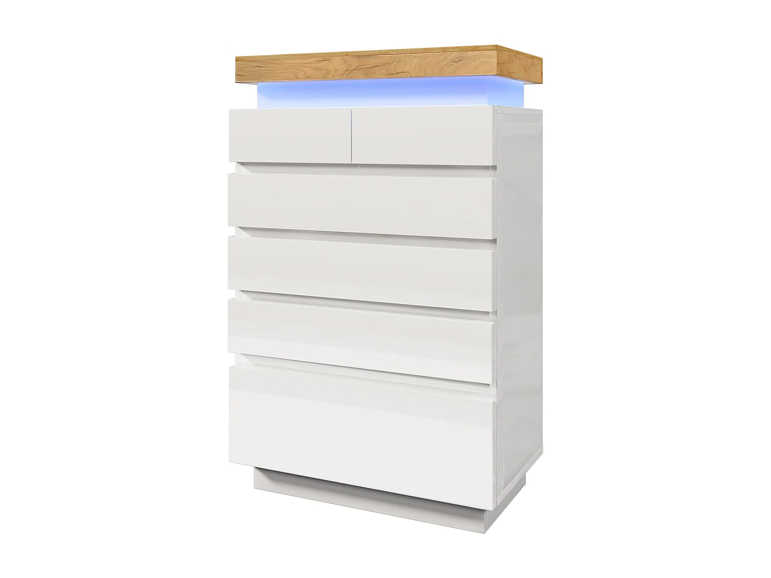 Commode avec 6 tiroirs et LED - Finition brillant blanche - Plateau woodgrain