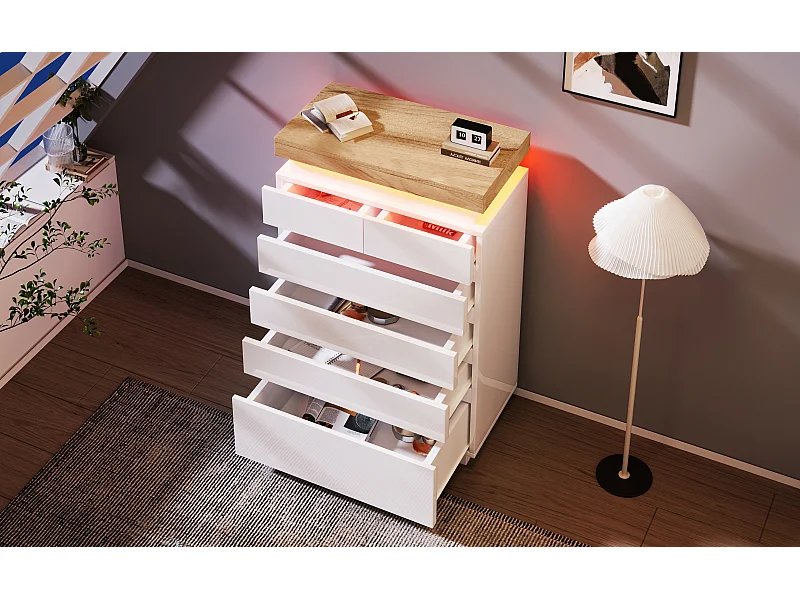 Commode avec 6 tiroirs et LED - Finition brillant blanche - Plateau woodgrain
