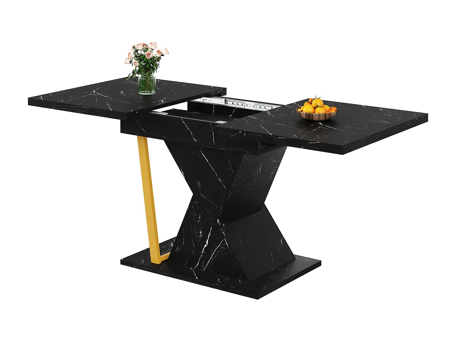 Table à manger extensible 4 à 6 personnes - Plateau effet marbre noire - Bois MDF