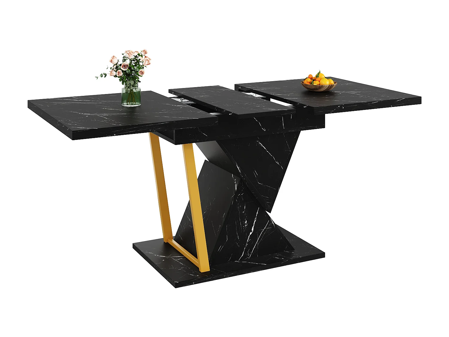 Table à manger extensible 4 à 6 personnes - Plateau effet marbre noire - Bois MDF