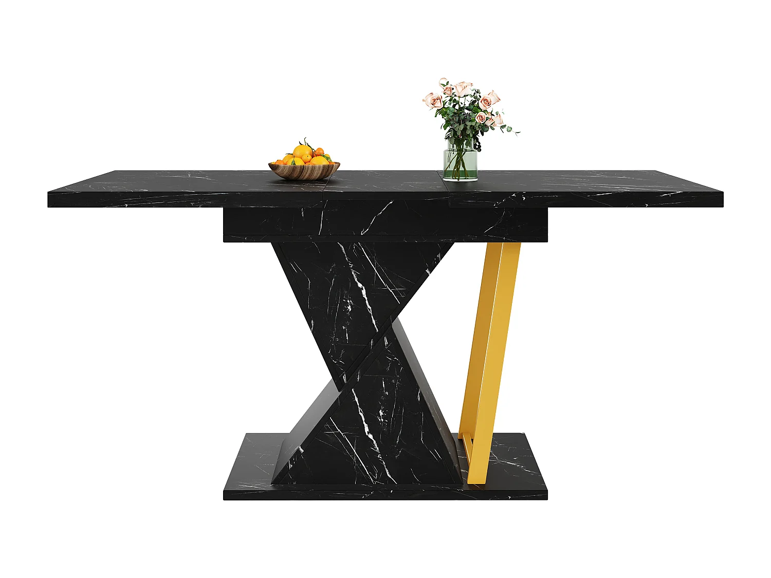 Table à manger extensible 4 à 6 personnes - Plateau effet marbre noire - Bois MDF