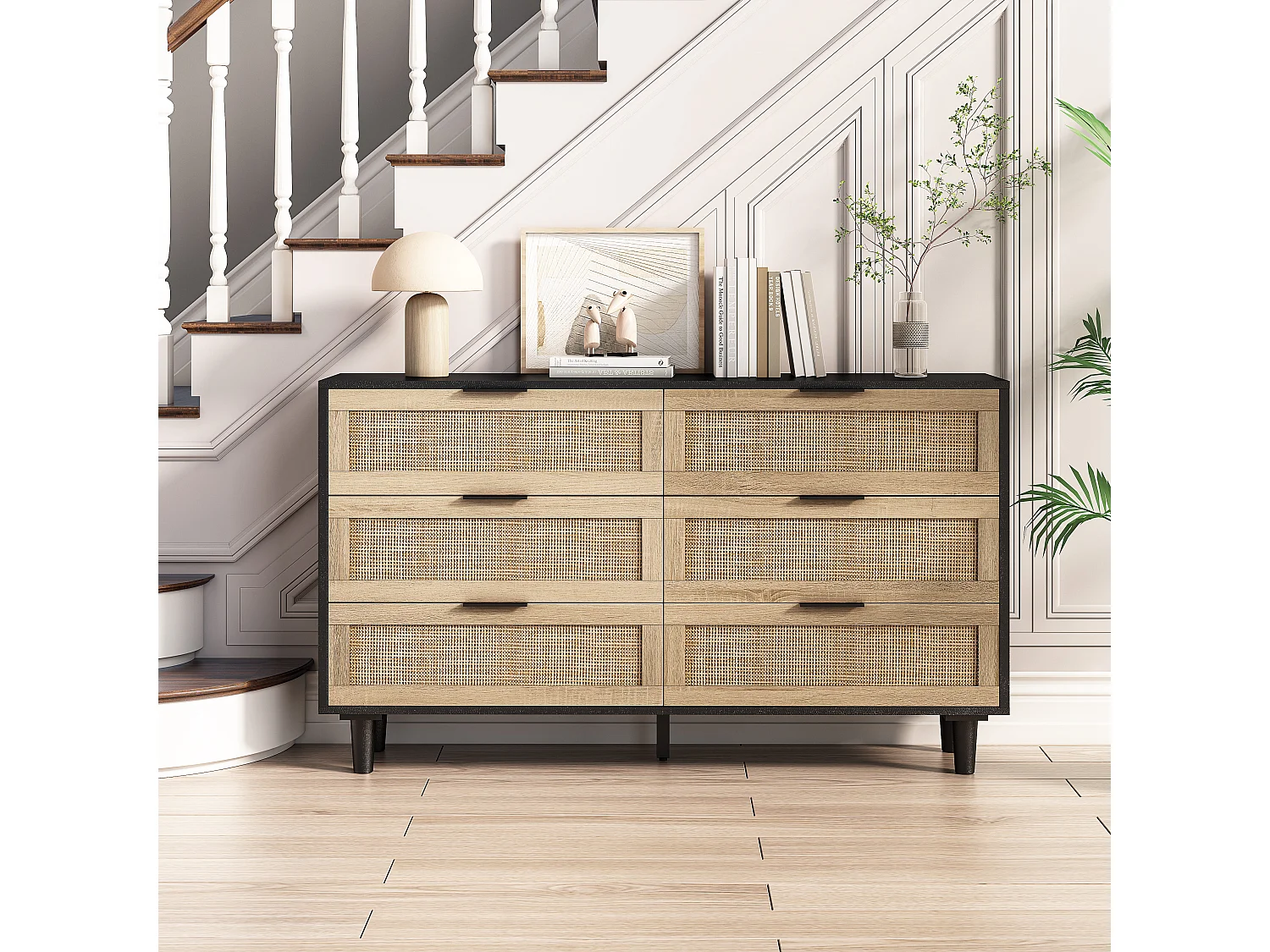 Commode avec 6 tiroirs en rotin - Couleur noir et bois 130x40x75 cm