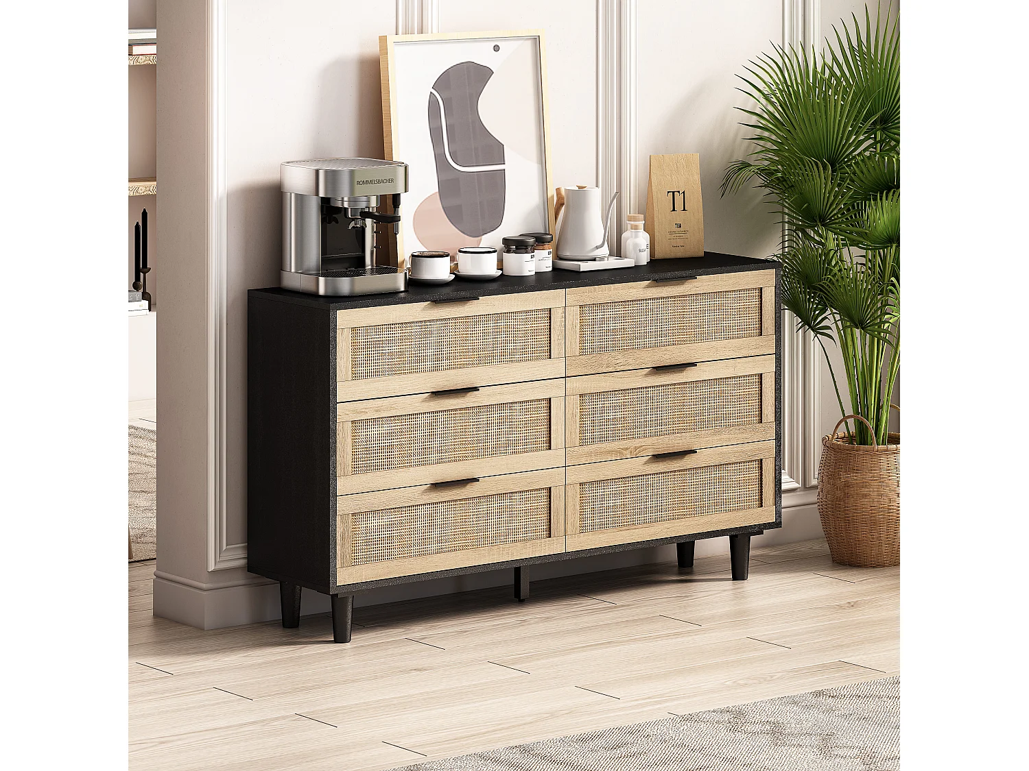 Commode avec 6 tiroirs en rotin - Couleur noir et bois 130x40x75 cm