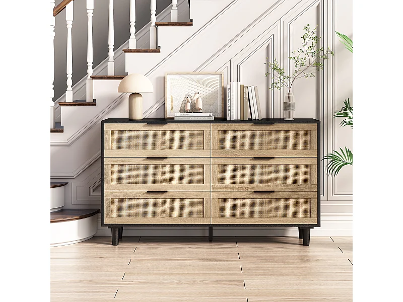 Commode avec 6 tiroirs en rotin - Couleur noir et bois 130x40x75 cm