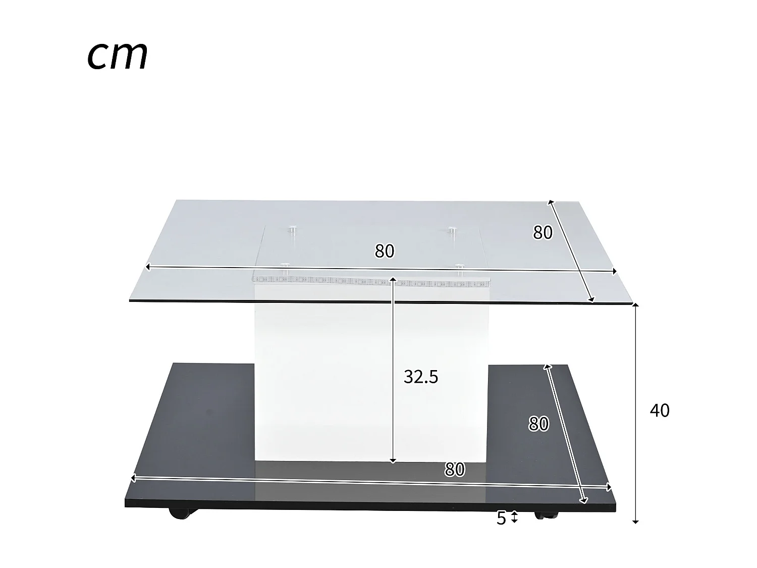 Table basse en verre brillant avec LED et roulettes - Blanc et noir 80x80x40cm
