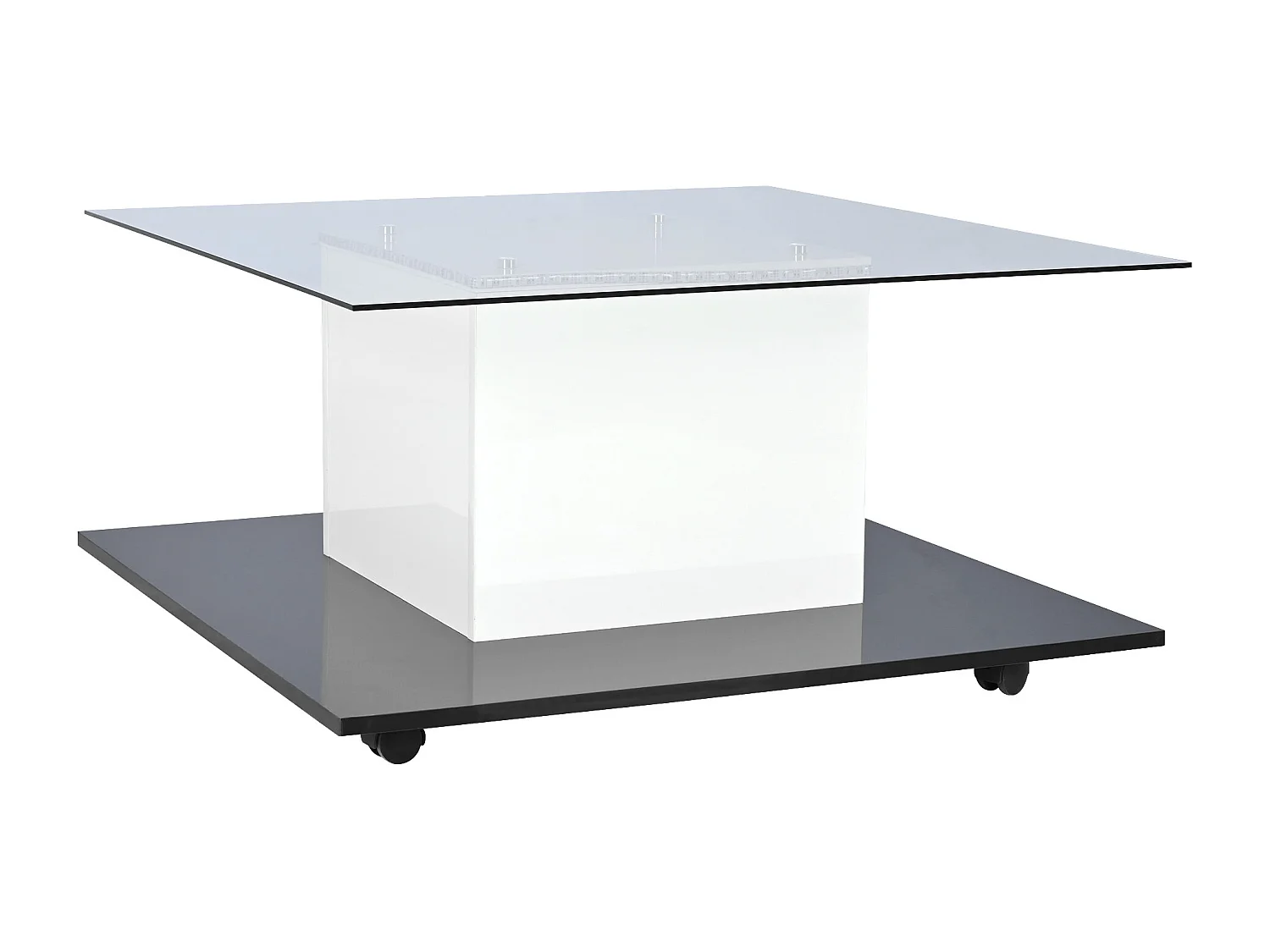 Table basse en verre brillant avec LED et roulettes - Blanc et noir 80x80x40cm
