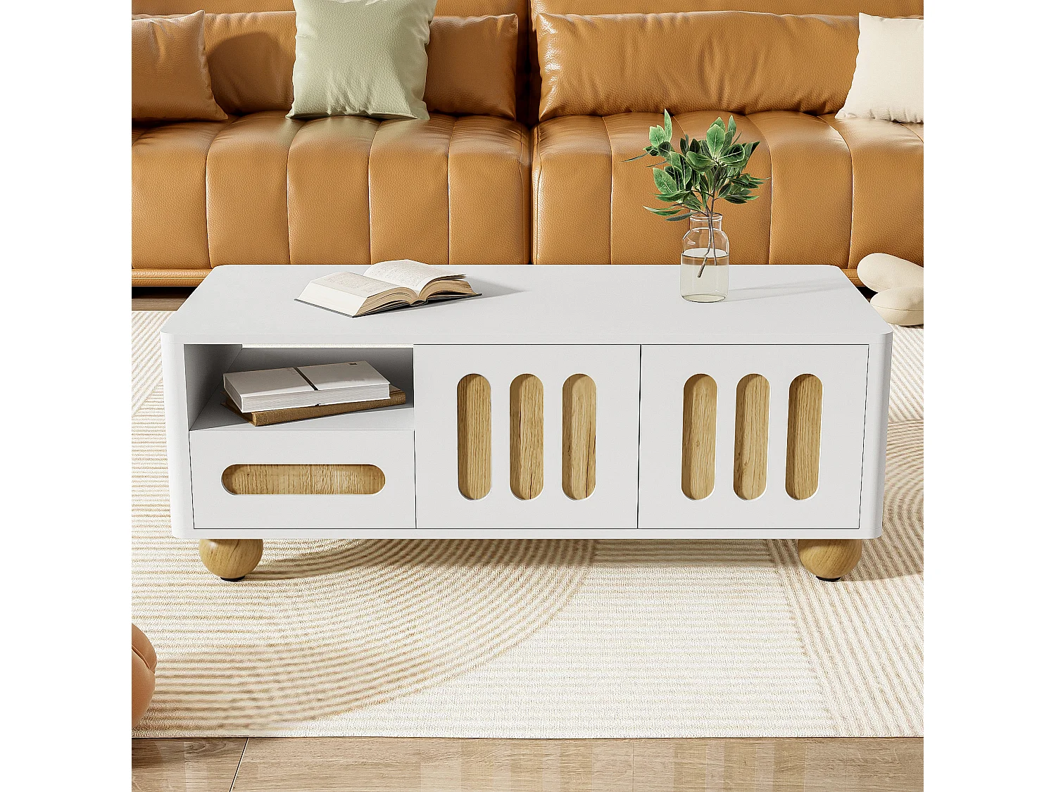 Tavolino con illuminazione a LED, 4 ante e 2 cassetti - Gambe sferiche - Bianco e legno