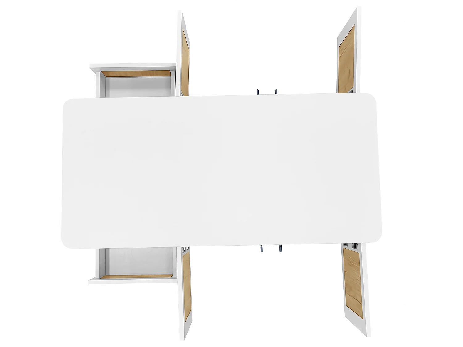 Tavolino con illuminazione a LED, 4 ante e 2 cassetti - Gambe sferiche - Bianco e legno