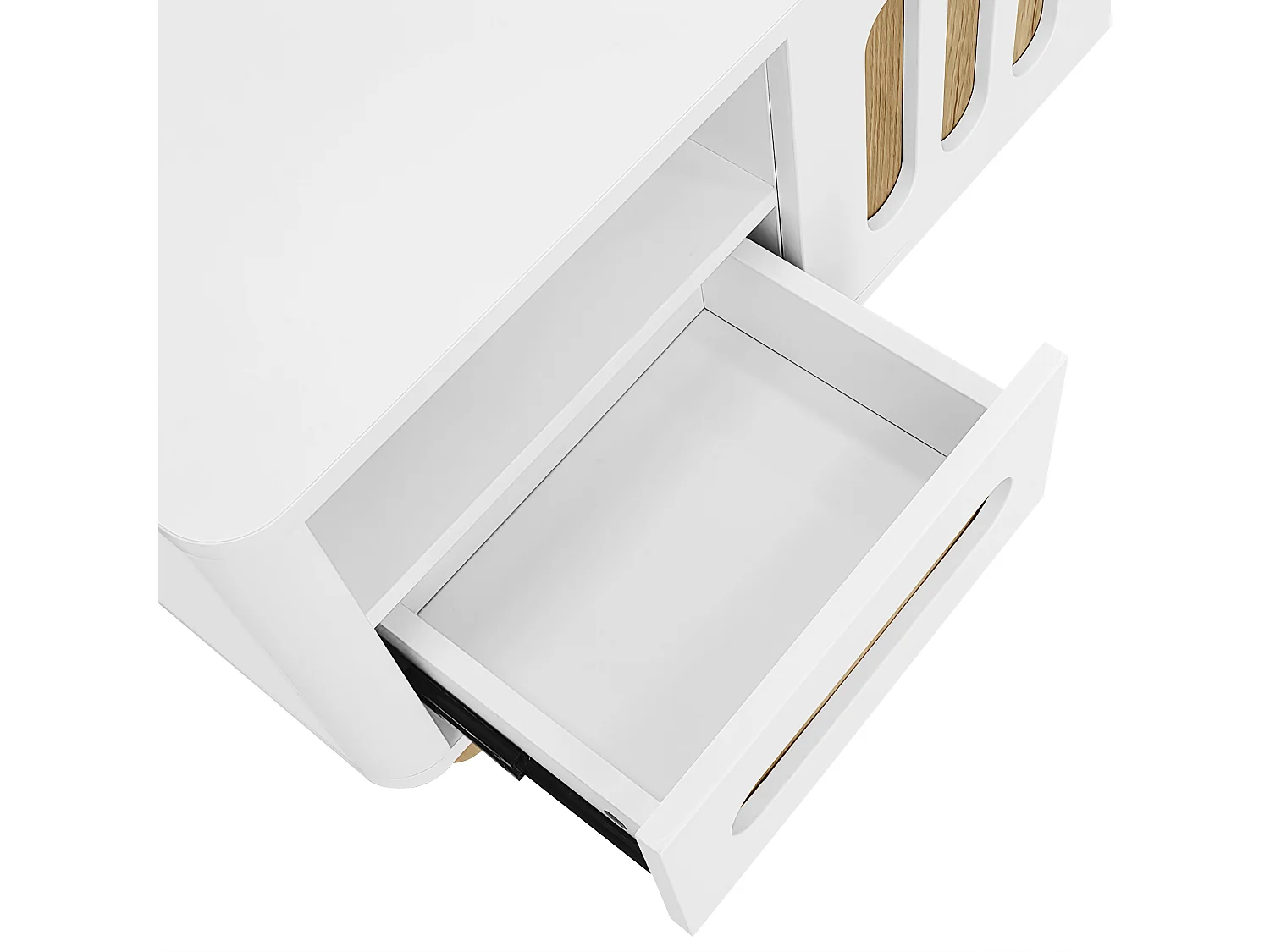 Tavolino con illuminazione a LED, 4 ante e 2 cassetti - Gambe sferiche - Bianco e legno