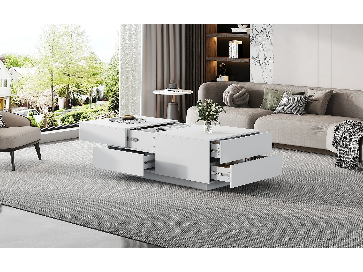 Table basse avec plateau coulissant et 4 tiroirs - Blanc 90 x 55 x 45 cm