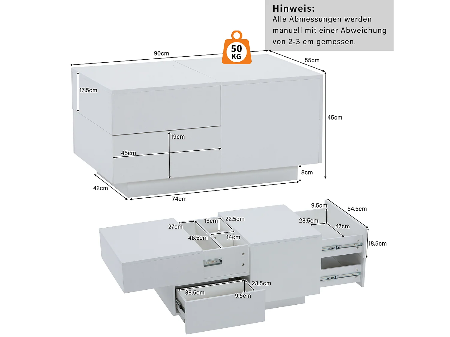 Table basse avec plateau coulissant et 4 tiroirs - Blanc 90 x 55 x 45 cm